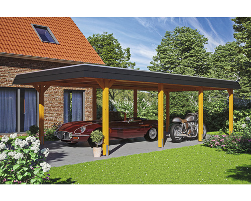 Carport individuel SKAN HOLZ Wendland avec film EPDM, ancre de poteau 409 x 870 cm chêne clair