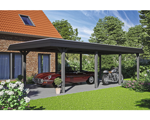 Carport individuel SKAN HOLZ Wendland avec film EPDM, ancre de poteau 409 x 870 cm ardoise