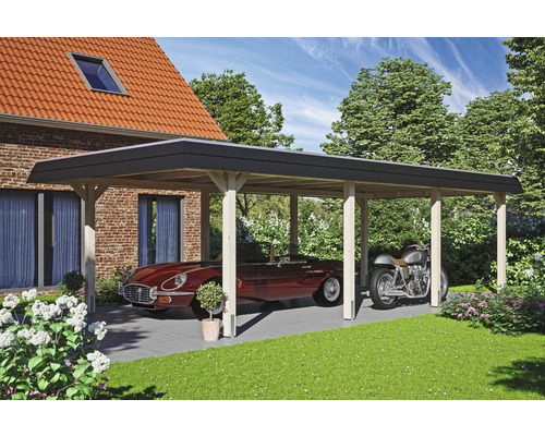 Carport individuel SKAN HOLZ Wendland avec film EPDM, ancre de poteau 409 x 870 cm naturel