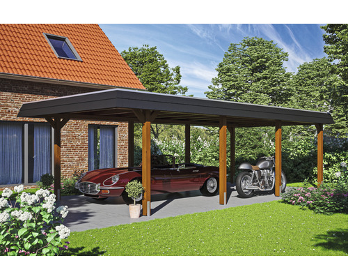 Carport individuel SKAN HOLZ Wendland avec film EPDM, ancre de poteau 409 x 870 cm noyer