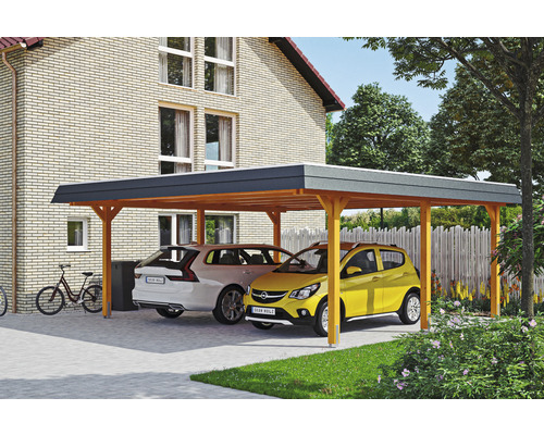 Carport double SKAN HOLZ Wendland avec ancre de poteau 630 x 637 cm chêne clair