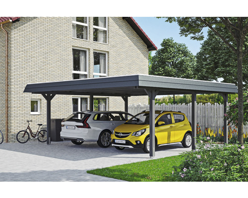 Carport double SKAN HOLZ Wendland avec ancre de poteau 630 x 637 cm ardoise