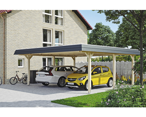 Carport double SKAN HOLZ Wendland avec film EPDM, ancre de poteau 630 x 637 cm naturel