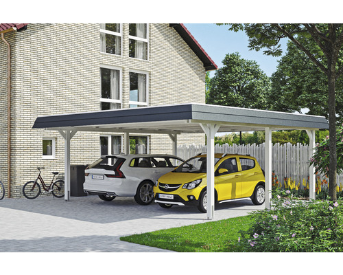 Carport double SKAN HOLZ Wendland avec ancre de poteau 630 x 637 cm blanc