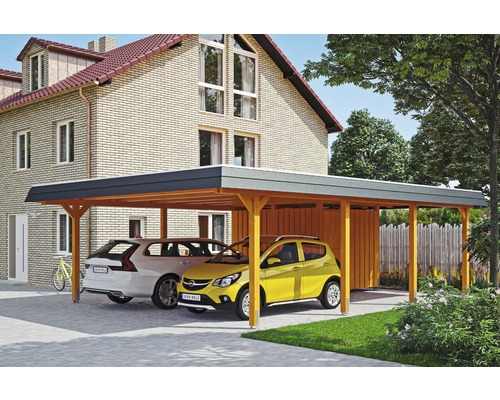 Carport double SKAN HOLZ Wendland avec espace de rangement, film EPDM, ancre de poteau 630 x 879 cm chêne clair