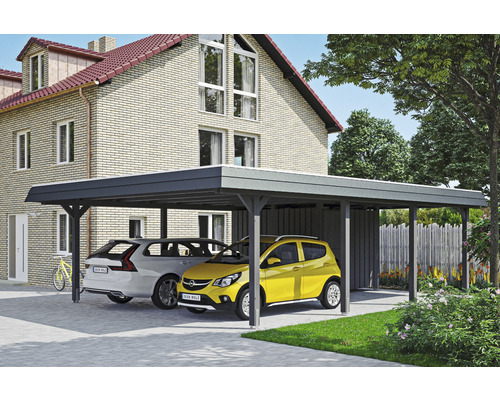 Carport double SKAN HOLZ Wendland avec espace de rangement, film EPDM, ancre de poteau 630 x 879 cm ardoise