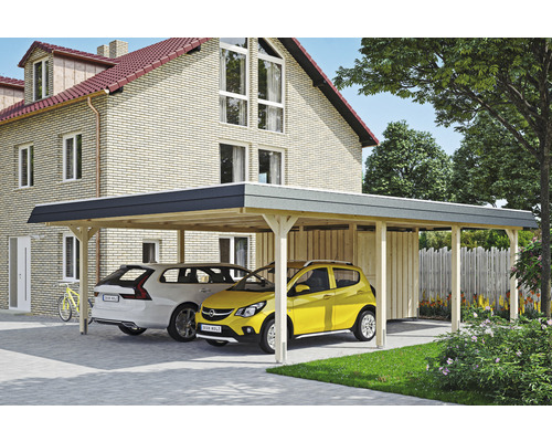 Carport double SKAN HOLZ Wendland avec espace de rangement, ancre de poteau 630 x 879 cm naturel