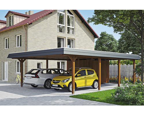 Carport double SKAN HOLZ Wendland avec espace de rangement, film EPDM, ancre de poteau 630 x 879 cm noyer