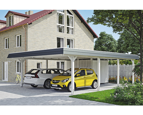 Carport double SKAN HOLZ Wendland avec espace de rangement, film EPDM, ancre de poteau 630 x 879 cm blanc