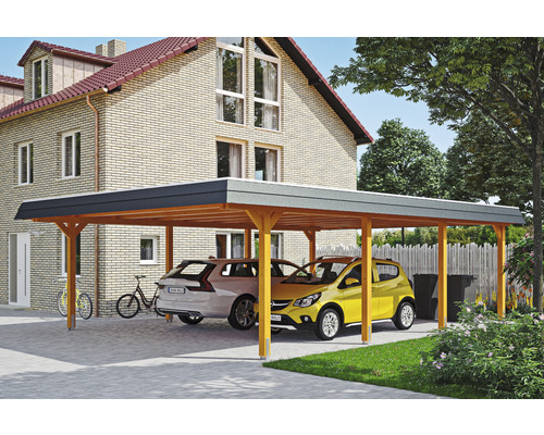 Carport double SKAN HOLZ Wendland avec film EPDM, ancre de poteau 630 x 879 cm chêne clair