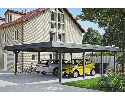 Carport double SKAN HOLZ Wendland avec ancre de poteau 630 x 879 cm ardoise