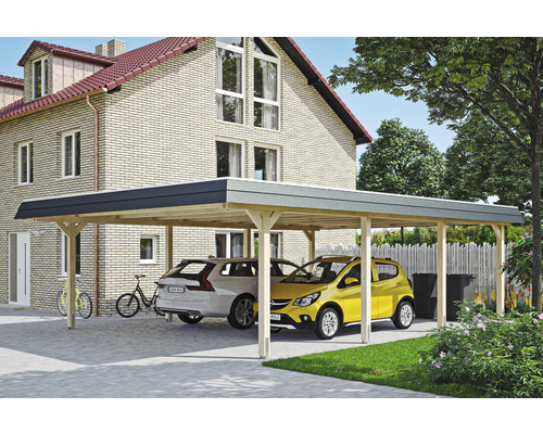 Carport double SKAN HOLZ Wendland avec film EPDM, ancre de poteau 630 x 879 cm naturel