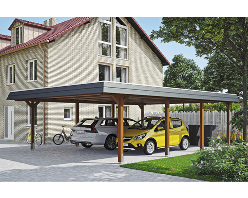 Carport double SKAN HOLZ Wendland avec ancre de poteau 630 x 879 cm noyer