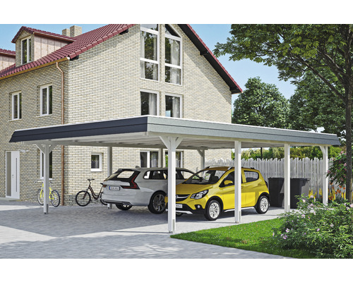 Carport double SKAN HOLZ Wendland avec film EPDM, ancre de poteau 630 x 879 cm blanc