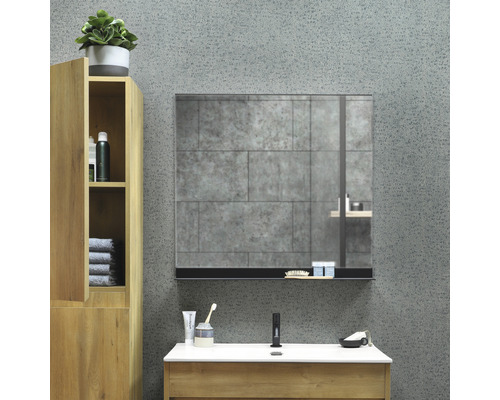 Modernes Badezimmer mit Waschtisch, Spiegelschrank und offenem Regal