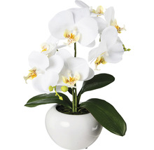 Künstliche Orchidee in einem weißen Topf