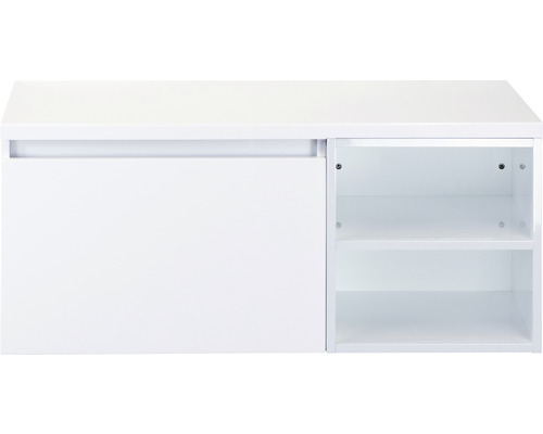 Waschtischunterschrank Sanox Frozen BxHxT 100 x 43 cm x 45 cm Frontfarbe weiss hochglanz mit Waschtischplatte und Regal