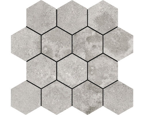 Feinsteinzeugmosaik Hexa Dolomiti ash 29x27 cm Sechseckige Steinzeugfliesen auf einem Mosaiknetz