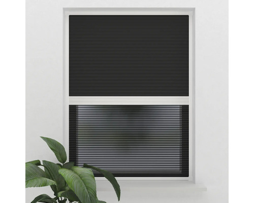 Fenster mit schwarzem Plissee-Rollo zur Lichtregulierung