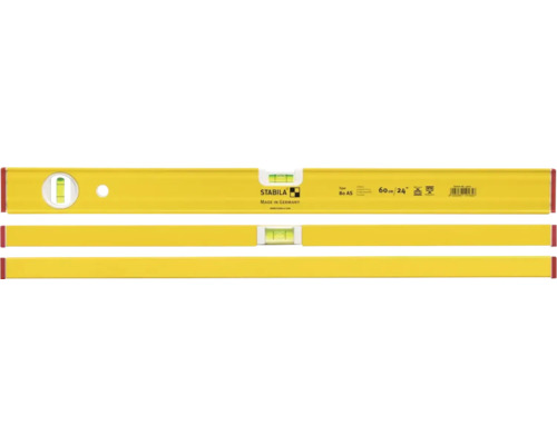 Gelbe Wasserwaage mit drei Anzeigen zur horizontalen und vertikalen Ausrichtung