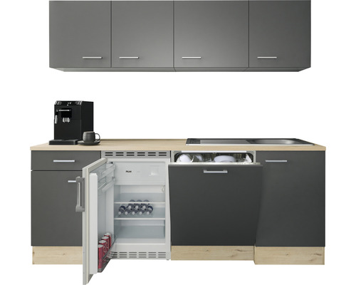 Cuisine moderne avec appareils électroménagers et placards gris