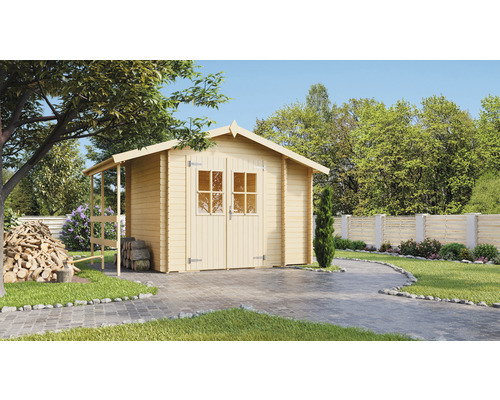 Abri de jardin Outdoor Life Vilano 1 avec armoire modulaire, toiture latérale, plancher 200 x 200 cm naturel