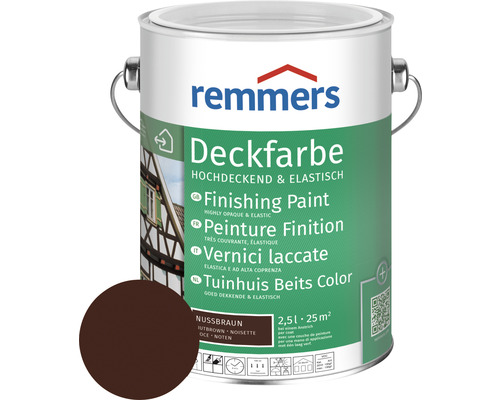 Peinture couvrante pour bois Remmers brun noisette 2.5 l Remmers peinture couvrante couleur noix dans un seau avec échantillon de couleur