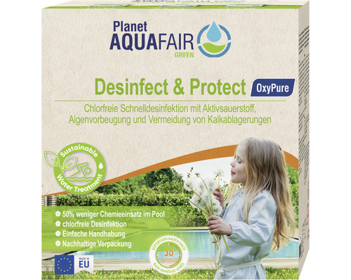 Produit chimique de désinfection pour piscine Aqua Fair 2 kg Planet Aquafair Green Désinfect & Protège OxyPure, emballage pour une désinfection rapide sans chlore avec de l''oxygène actif, prévention des algues et prévention du calcaire