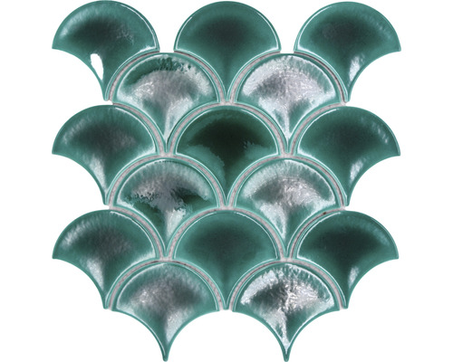 Fischschuppen Keramikmosaik FS IC5 Fächer Ice Crackle dark green 25,9x27,3cm