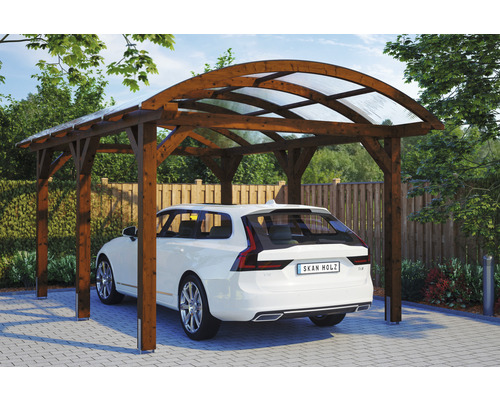 Carport individuel SKAN HOLZ Franken avec ancre de poteau 376 x 541 cm noyer Abri de voiture en bois avec toit transparent et voiture