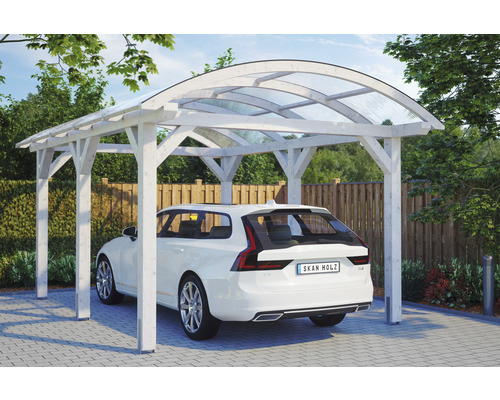 Carport individuel SKAN HOLZ Franken avec ancre de poteau 376 x 541 cm blanc Carport en bois blanc avec toit transparent et voiture garée en dessous