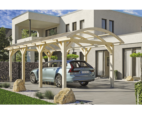 Carport individuel SKAN HOLZ Franken avec ancre de poteau 376 x 755 cm naturel Carport en bois avec toit incurvé translucide et voiture garée