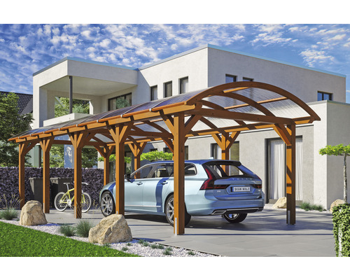 Carport individuel SKAN HOLZ Franken avec ancre de poteau 376 x 969 cm noyer Abri de voiture en bois avec toit transparent et une voiture garée dessous