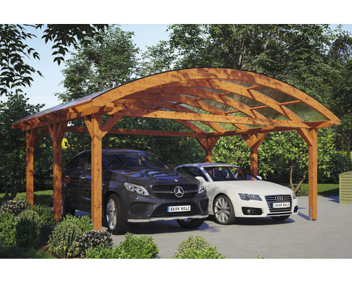 Carport double SKAN HOLZ Franken avec ancre de poteau 635 x 541 cm chêne clair