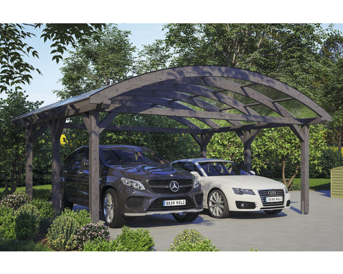 Doppelcarport SKAN HOLZ Franken inkl. Pfostenanker 635 x 541 cm schiefer Doppelcarport aus Holz mit zwei geparkten Autos
