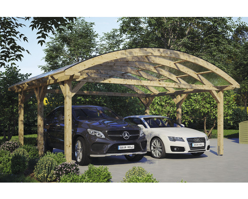 Doppelcarport aus Holz mit zwei parkierten Autos