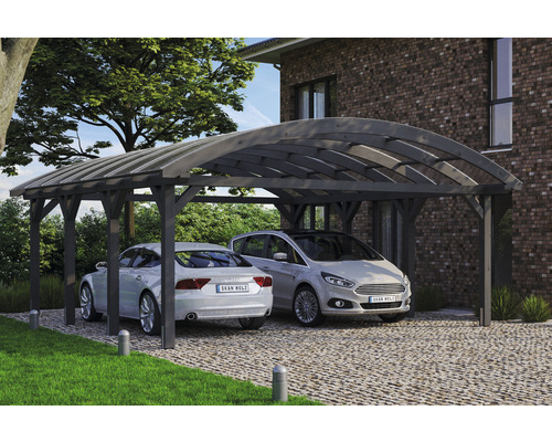 Doppelcarport SKAN HOLZ Franken inkl. Pfostenanker 635 x 755 cm schiefer Doppelcarport aus Holz mit zwei parkenden Autos