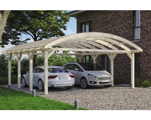 Carport aus Holz mit zwei geparkten Autos