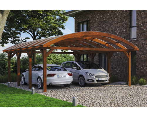 Doppelcarport aus Holz mit zwei darunter geparkten Autos