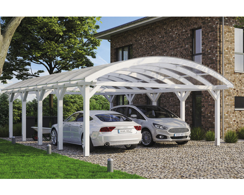 Freistehender Carport aus Holz mit zwei Autos