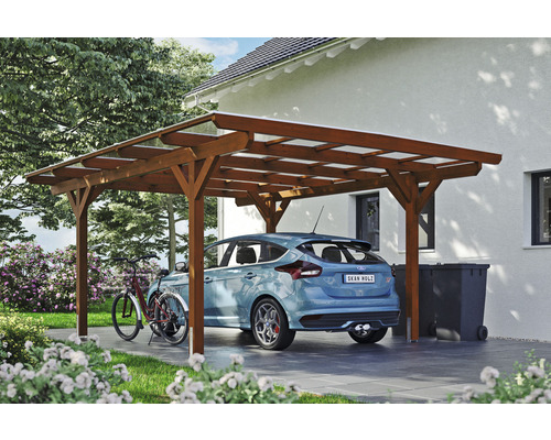 Carport individuel SKAN HOLZ Odenwald avec ancre de poteau 428 x 541 cm noyer Abri de voiture en bois avec voiture et vélo