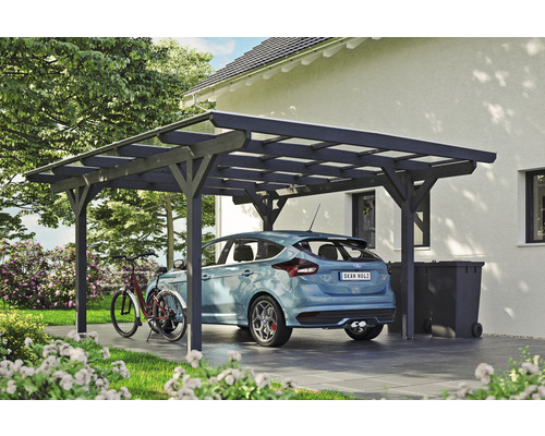 Carport individuel SKAN HOLZ Odenwald avec ancre de poteau 428 x 541 cm ardoise Abri de voiture en bois avec voiture et vélo
