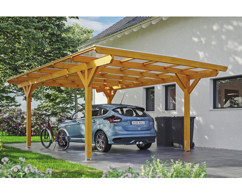 Carport individuel SKAN HOLZ Odenwald avec ancre de poteau 428 x 648 cm chêne clair