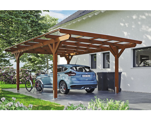 Carport aus Holz mit Auto und Fahrrad untergestellt
