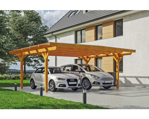 Carport double SKAN HOLZ Odenwald avec ancre de poteau 640 x 541 cm chêne clair Double carport en bois avec deux voitures garées devant une maison