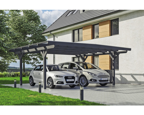 Carport double SKAN HOLZ Odenwald avec ancre de poteau 640 x 541 cm ardoise Double carport en bois avec deux voitures garées devant une maison