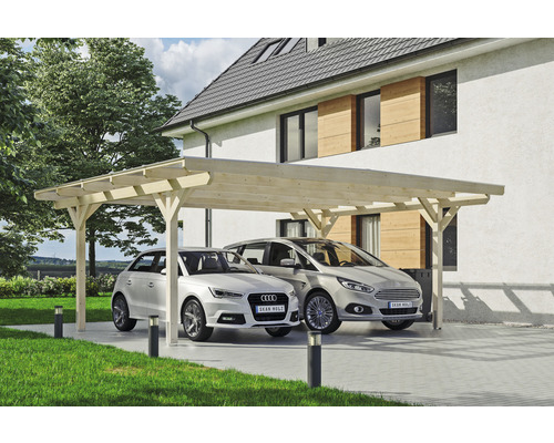 Carport double SKAN HOLZ Odenwald avec ancre de poteau 640 x 541 cm naturel Carport en bois avec deux voitures garées devant une maison