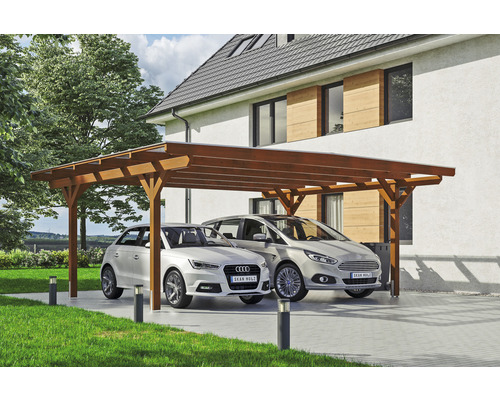 Carport double SKAN HOLZ Odenwald avec ancre de poteau 640 x 541 cm noyer Abri de voiture en bois avec deux voitures devant une maison