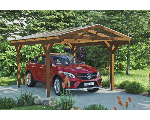 Carport individuel SKAN HOLZ Westerwald avec ancre de poteau 362 x 541 cm noyer Abri de voiture en bois avec une voiture en dessous