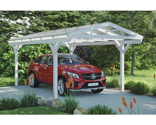 Carport individuel SKAN HOLZ Westerwald avec ancre de poteau 362 x 648 cm blanc Carport en bois blanc avec voiture en dessous.